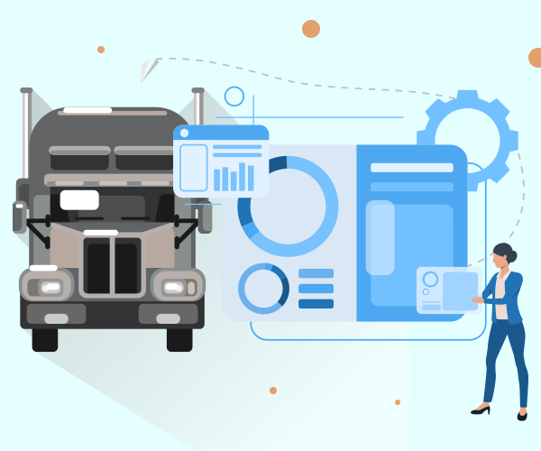 Dubai Fleet Management System: Integration process with analytics icons, improving vehicle maintenance and safety.